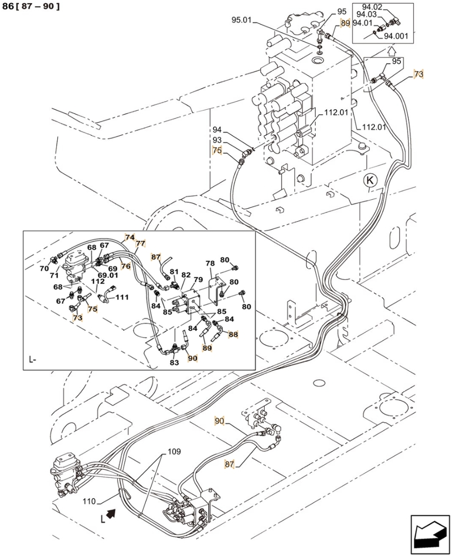 Case CX370C LC installation diagram showing hydraulic hose KHJ2581 at Pipe No. 75