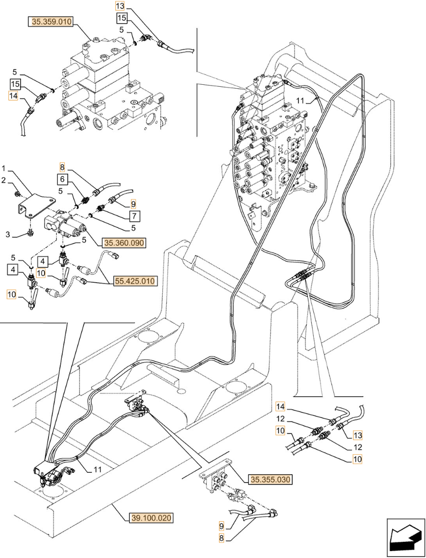 Case CX290D LC MH installation diagram showing hydraulic hose KHJ2089 at Pipe No. 8