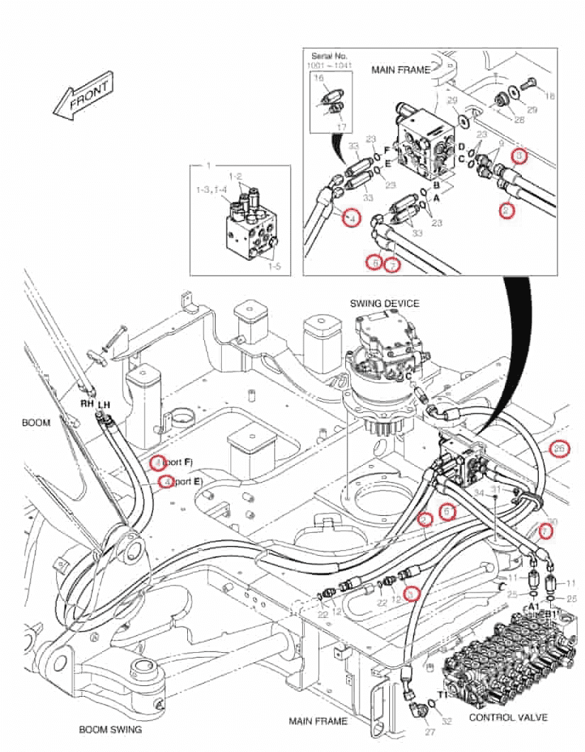 Doosan DX62R-3 installation diagram showing hydraulic hose DS2133010 at Pipe No. 7
