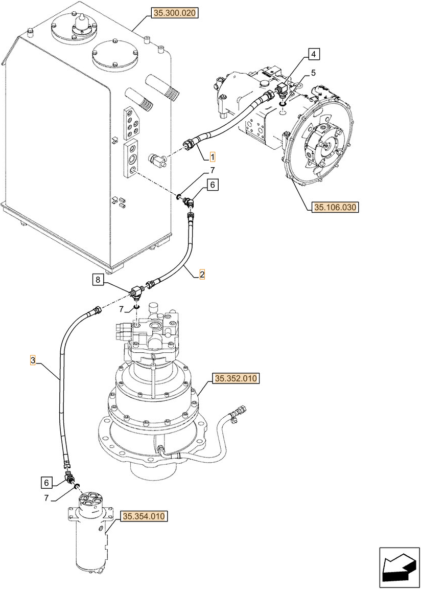 Case CX290D LC MH installation diagram showing hydraulic hose 163805A1 at Pipe No. 2