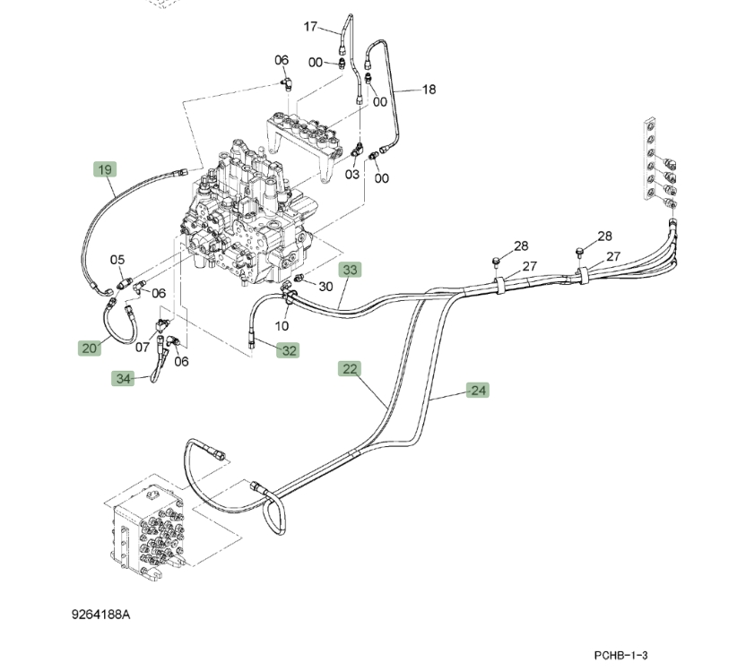Hitachi ZX190W-3 installation diagram showing hydraulic hose 4451995 at Pipe No. 34