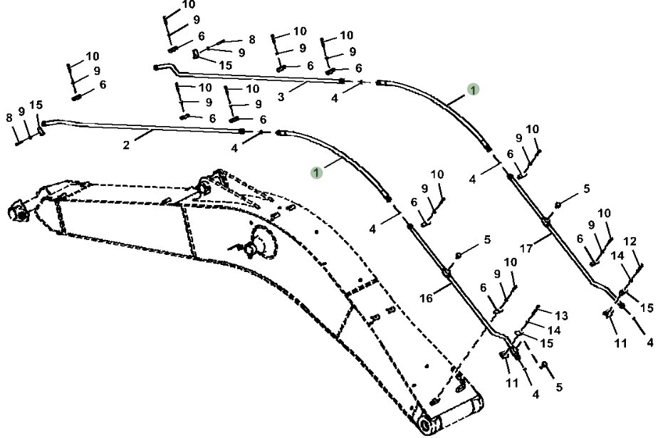 Hitachi ZX250LC-5N installation diagram showing hydraulic hose 4650823 at Pipe No. 1