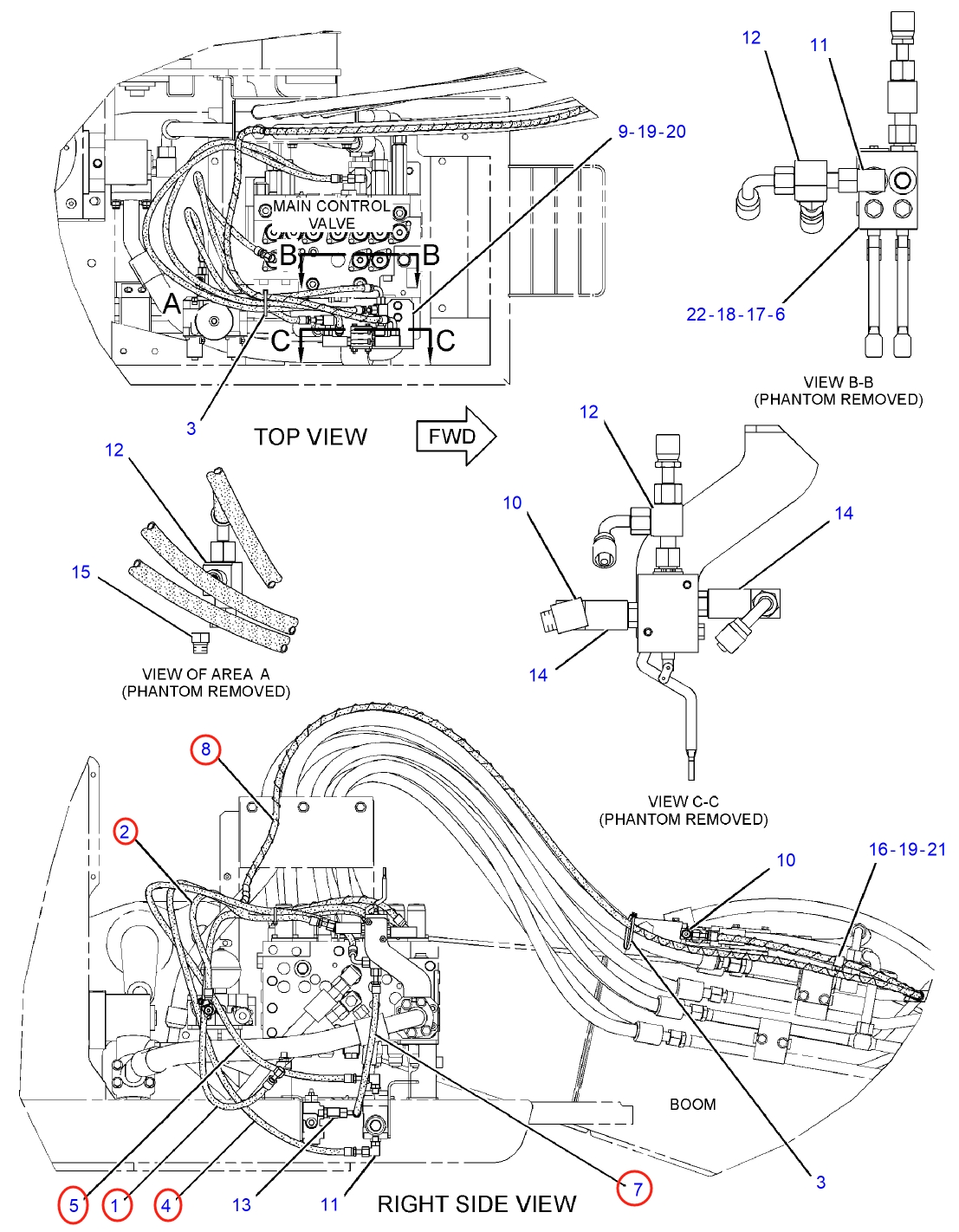 Caterpillar CAT®311C installation diagram showing hydraulic hose 7Y-4199 at Pipe No. 4