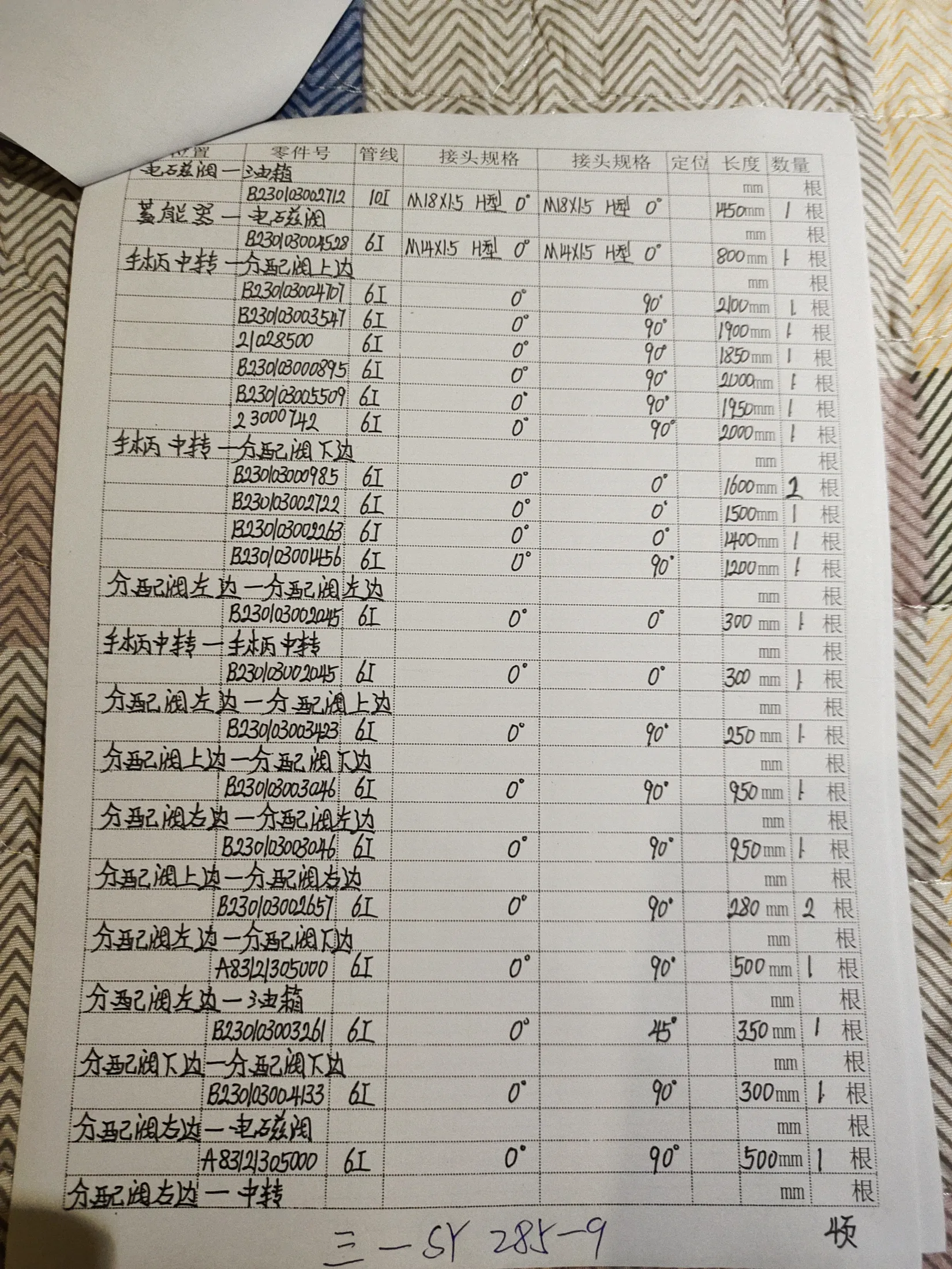 SANY 285-9C9I2KO hydraulic hose part numbers and recorded lengths — technician notebook page 4 of 5 — recorded hose parts A832305000, A8323050001, B23003000895