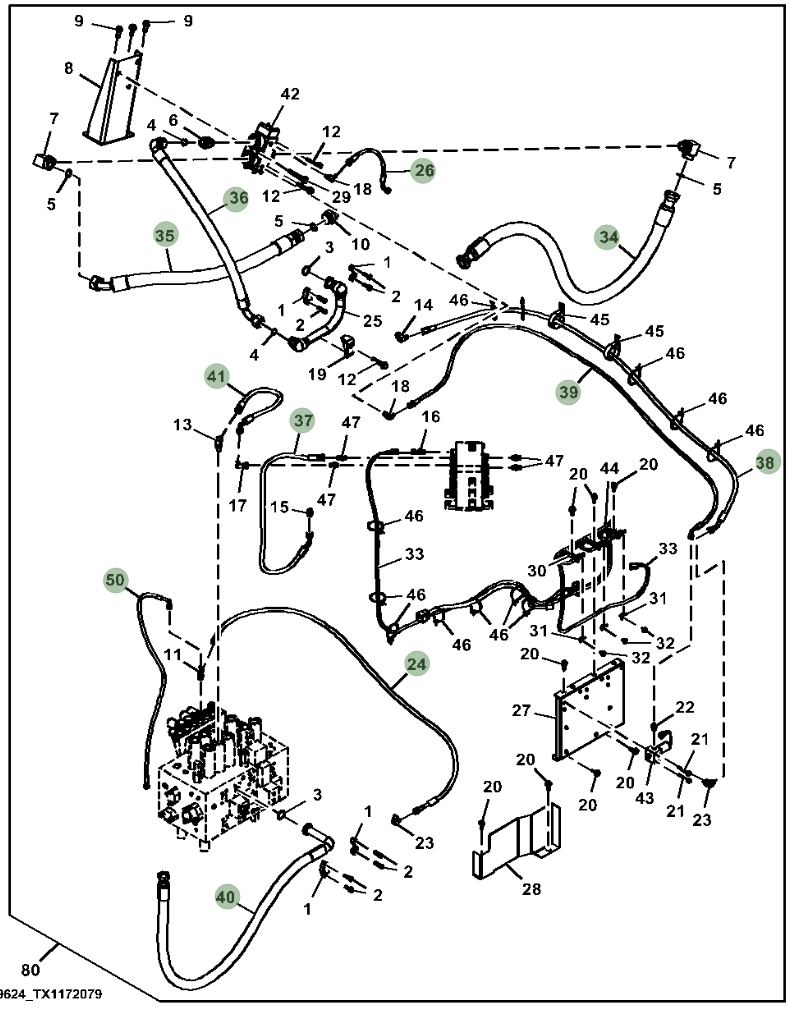 Hitachi ZX350LC-5G installation diagram showing hydraulic hose FF107416 at Pipe No. 24