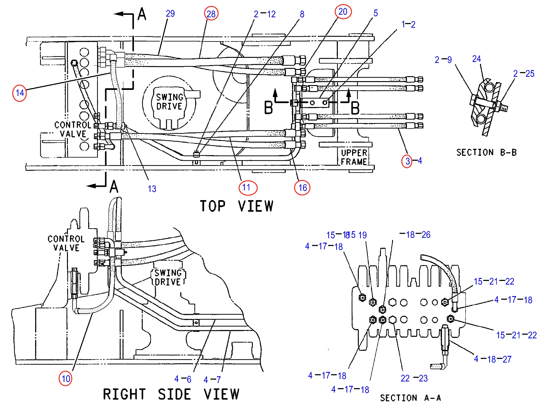 Caterpillar CAT®312B L installation diagram showing hydraulic hose 123-2636 at Pipe No. 3