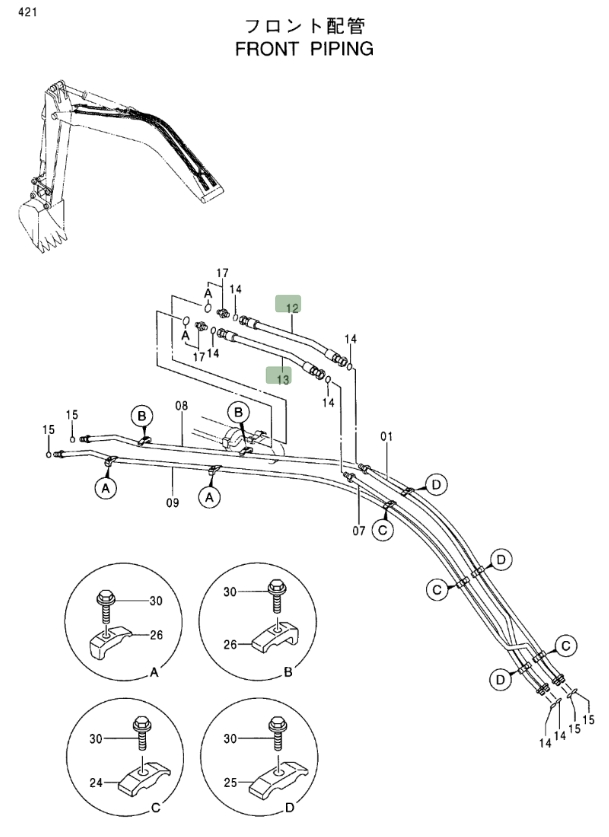 Hitachi EX100M-5 installation diagram showing hydraulic hose 4260311 at Pipe No. 12