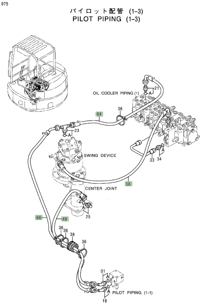 Hitachi EX50UNA installation diagram showing hydraulic hose 4426474 at Pipe No. 66
