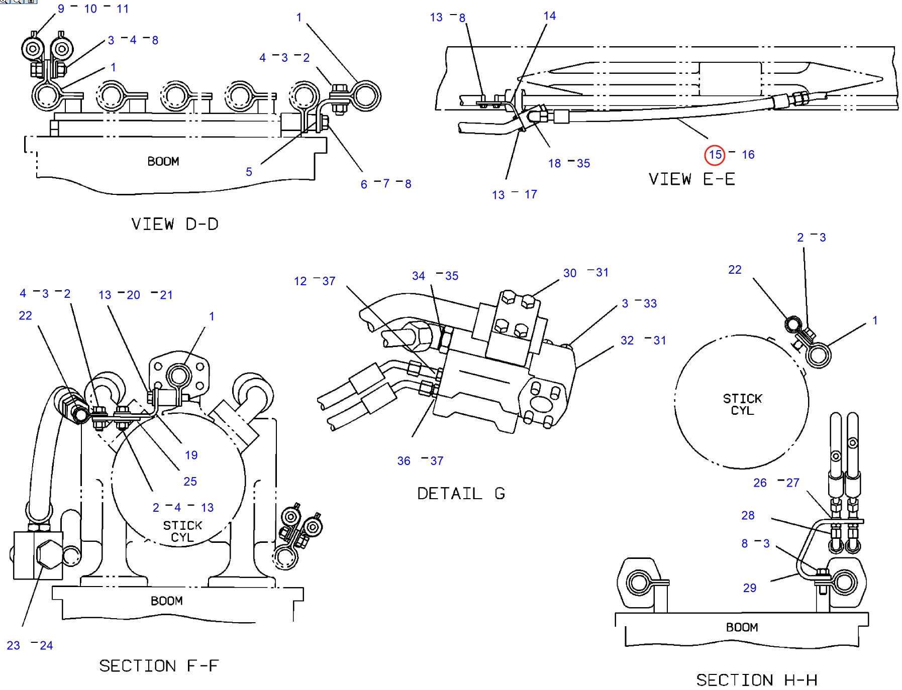 Caterpillar CAT®245D installation diagram showing hydraulic hose 9C-0931 at Pipe No. 15