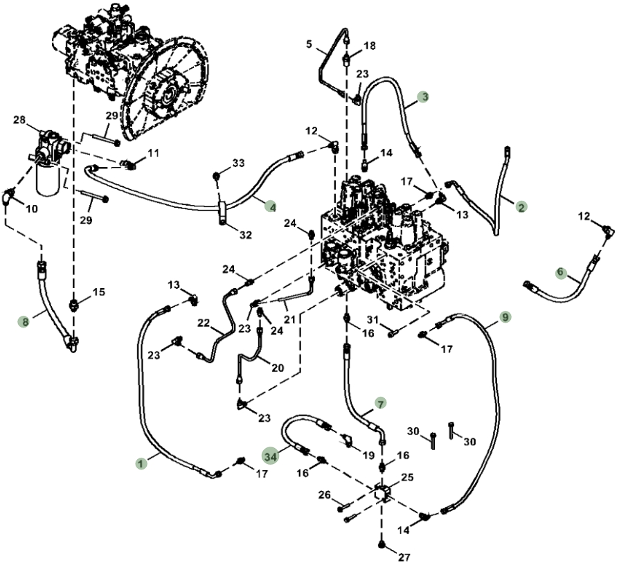 Hitachi ZX130-5N installation diagram showing hydraulic hose 4445276 at Pipe No. 6