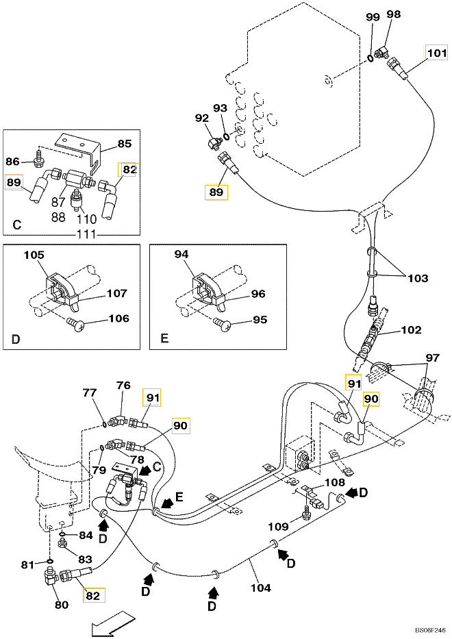 Case CX290 installation diagram showing hydraulic hose 164236A1 at Pipe No. 90