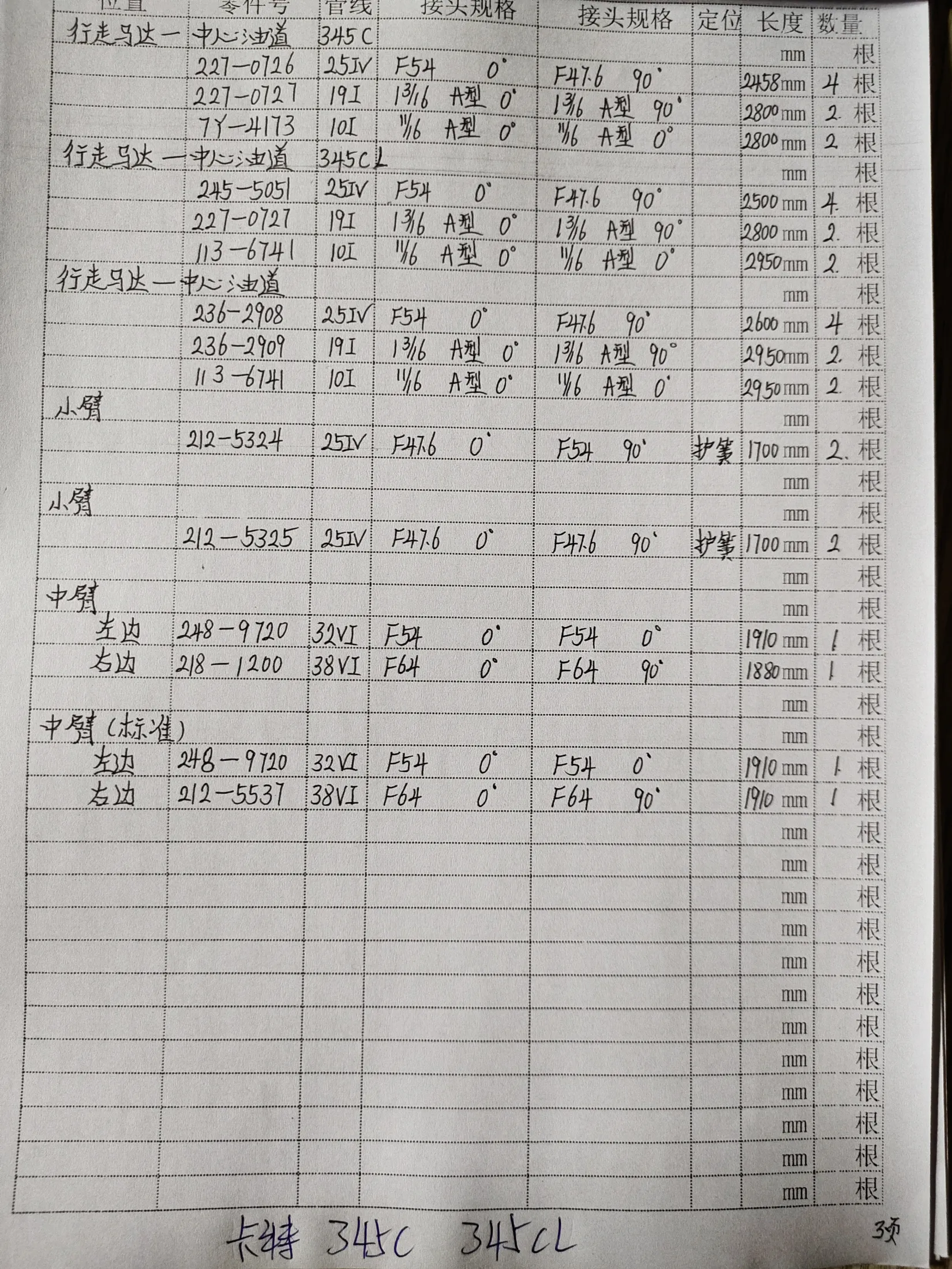 Caterpillar 345C hydraulic hose part numbers and recorded lengths — technician notebook page 3 of 6 — recorded hose parts 345C1