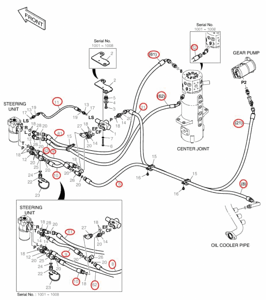 Doosan DX160W-3 installation diagram showing hydraulic hose DS20111447 at Pipe No. 9