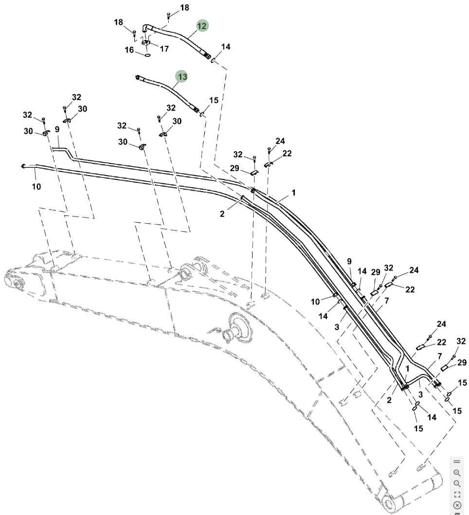 Hitachi ZX250LC-5N installation diagram showing hydraulic hose 4628529 at Pipe No. 12