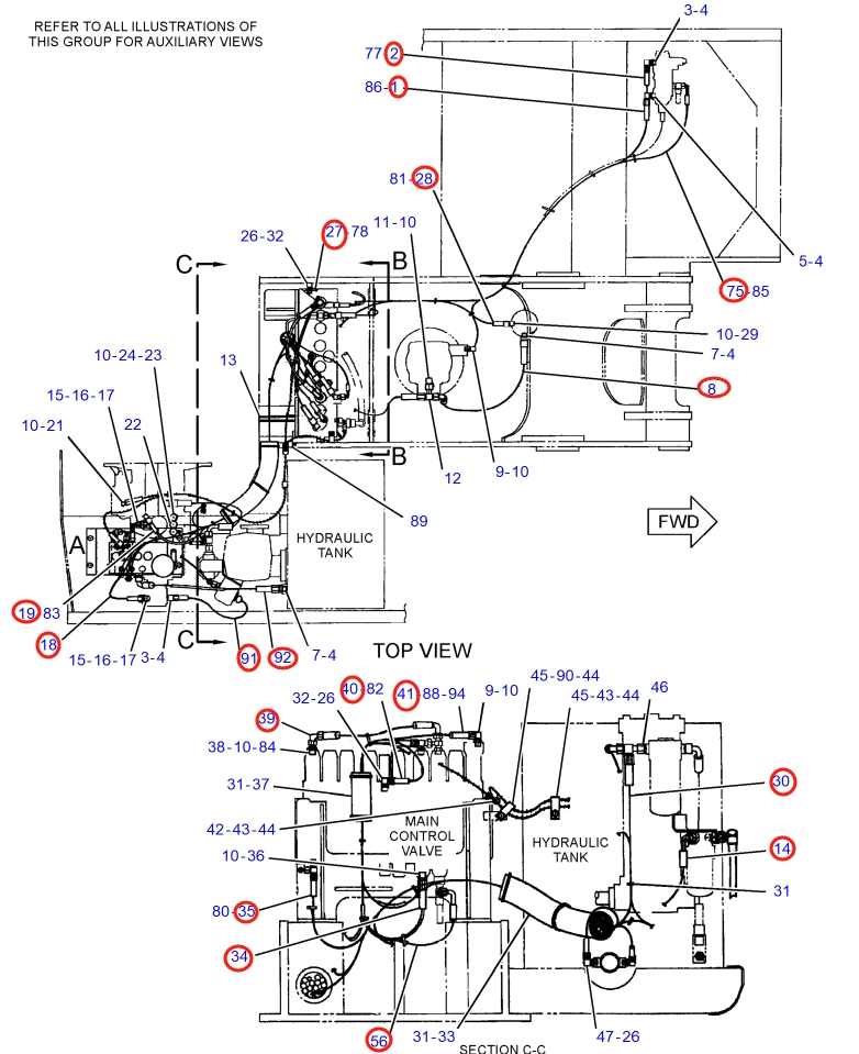 Caterpillar CAT®317B L installation diagram showing hydraulic hose 135-1097 at Pipe No. 19