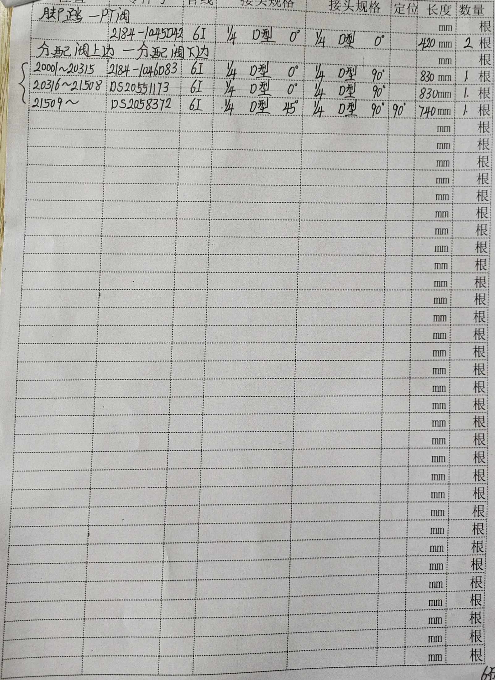Doosan DH215-9E hydraulic hose part numbers and recorded lengths — technician notebook page 6 of 6