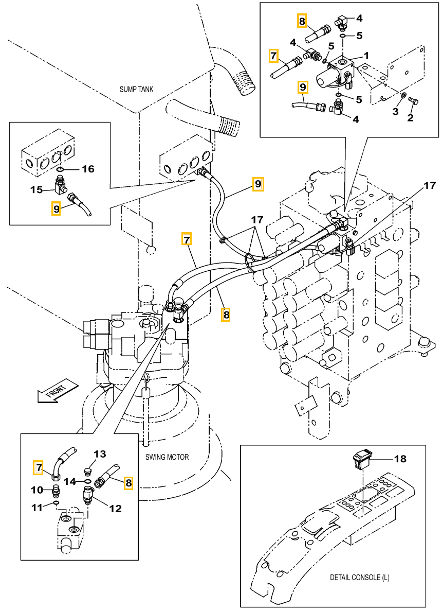 Case CX250C installation diagram showing hydraulic hose KHJ2048 at Pipe No. 9