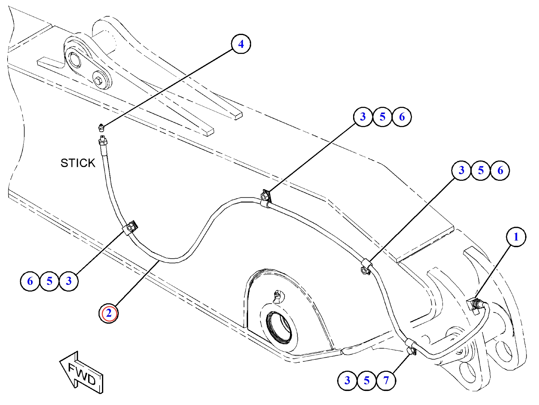 Caterpillar CAT®312F GC installation diagram showing hydraulic hose 203-7400 at Pipe No. 2