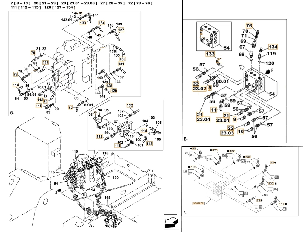 Case CX220C installation diagram showing hydraulic hose KHJ11540 at Pipe No. 75