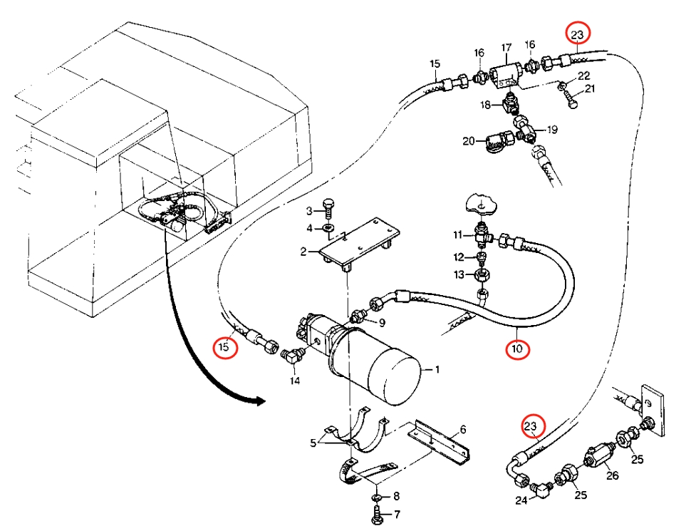 Caterpillar CAT®224B installation diagram showing hydraulic hose 8U-2993 at Pipe No. 15