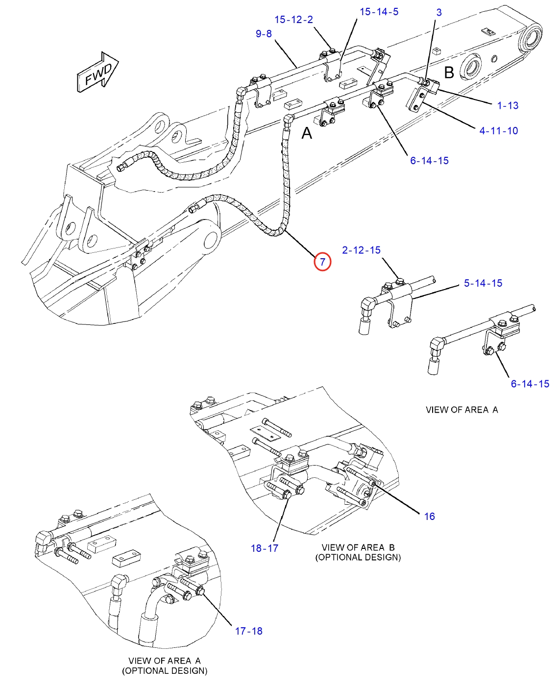 Caterpillar CAT®314E LCR installation diagram showing hydraulic hose 372-9837 at Pipe No. 7