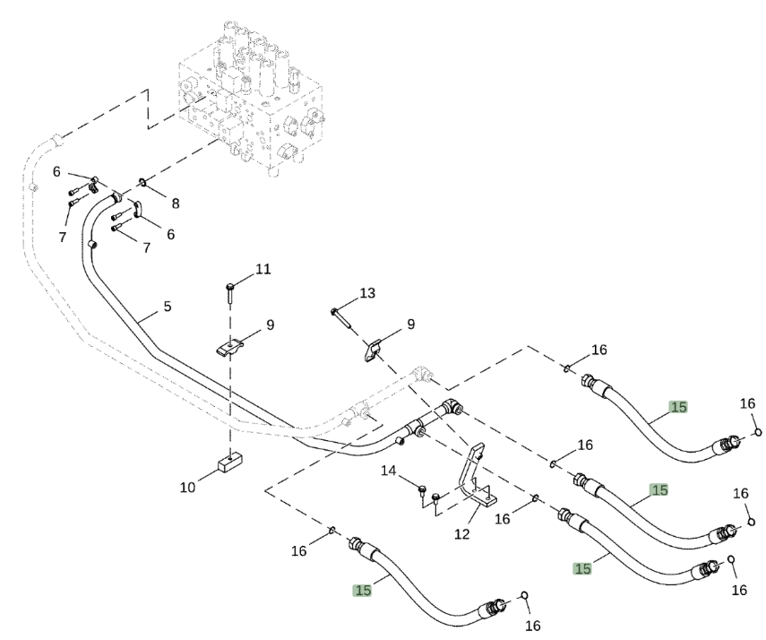 Hitachi ZX350LC-5G installation diagram showing hydraulic hose 4654322 at Pipe No. 15