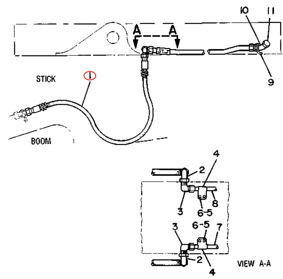 Caterpillar CAT®215C installation diagram showing hydraulic hose 5C-5139 at Pipe No. 1