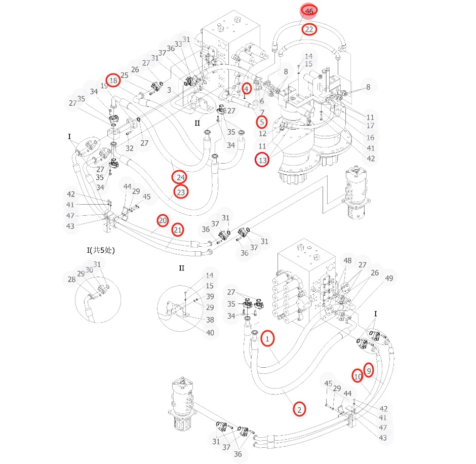 Sunward SWE500ES installation diagram showing hydraulic hose 730502002595 at Pipe No. 13