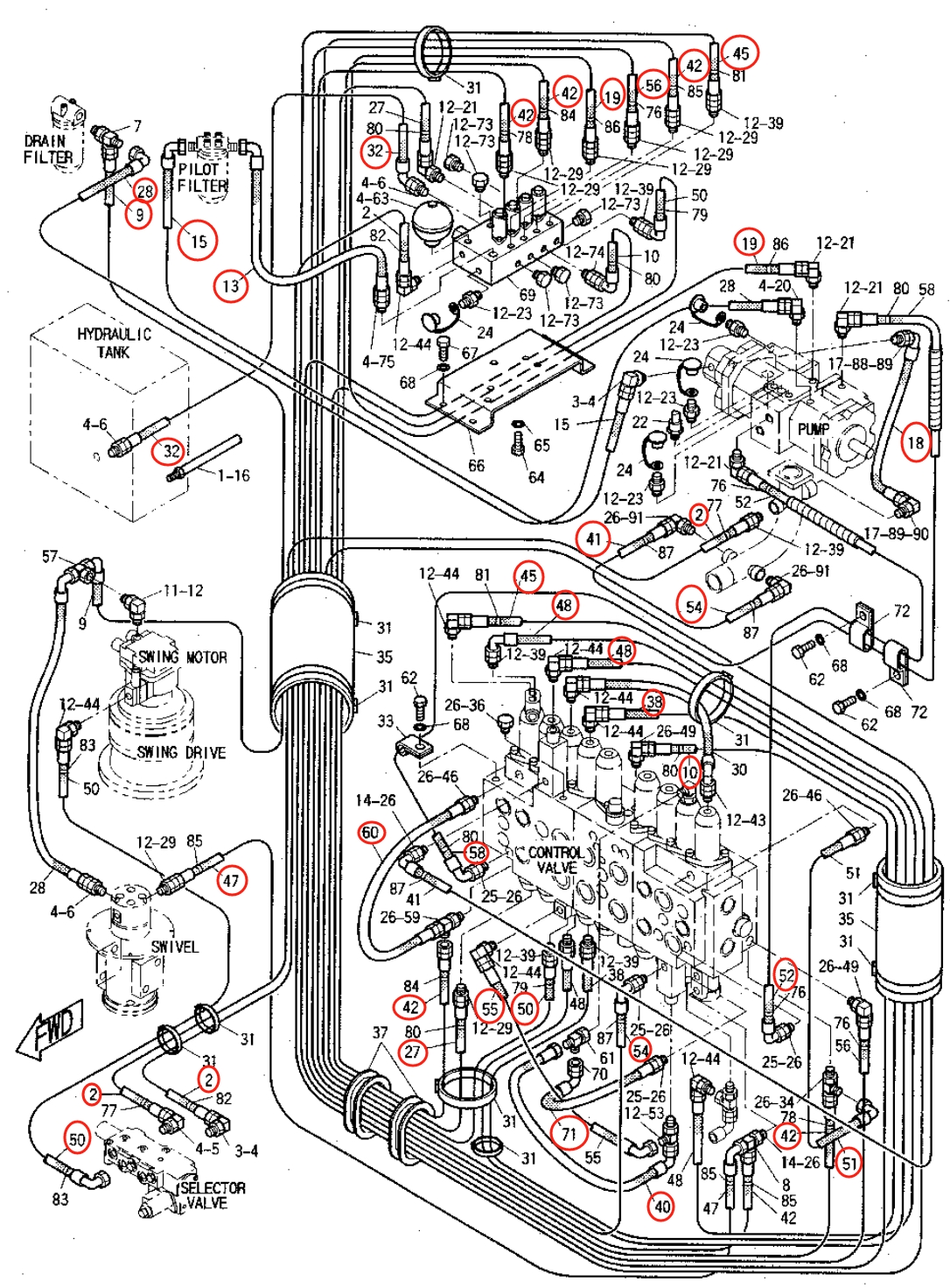 Caterpillar CAT®312B installation diagram showing hydraulic hose 108-7285 at Pipe No. 60
