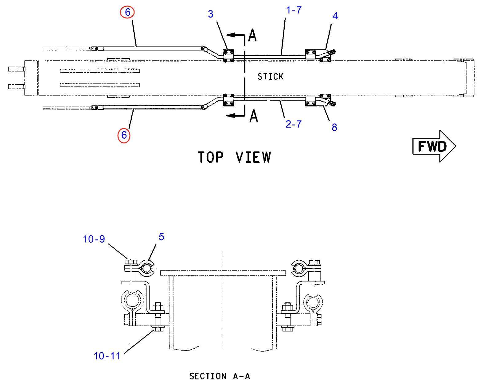 Caterpillar CAT®315C installation diagram showing hydraulic hose 197-2168 at Pipe No. 6
