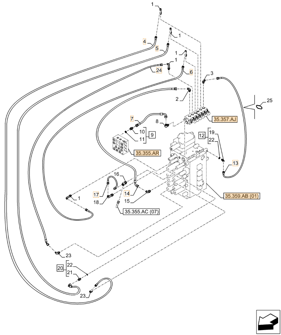 Case CX250D LC installation diagram showing hydraulic hose KHJ2394 at Pipe No. 6