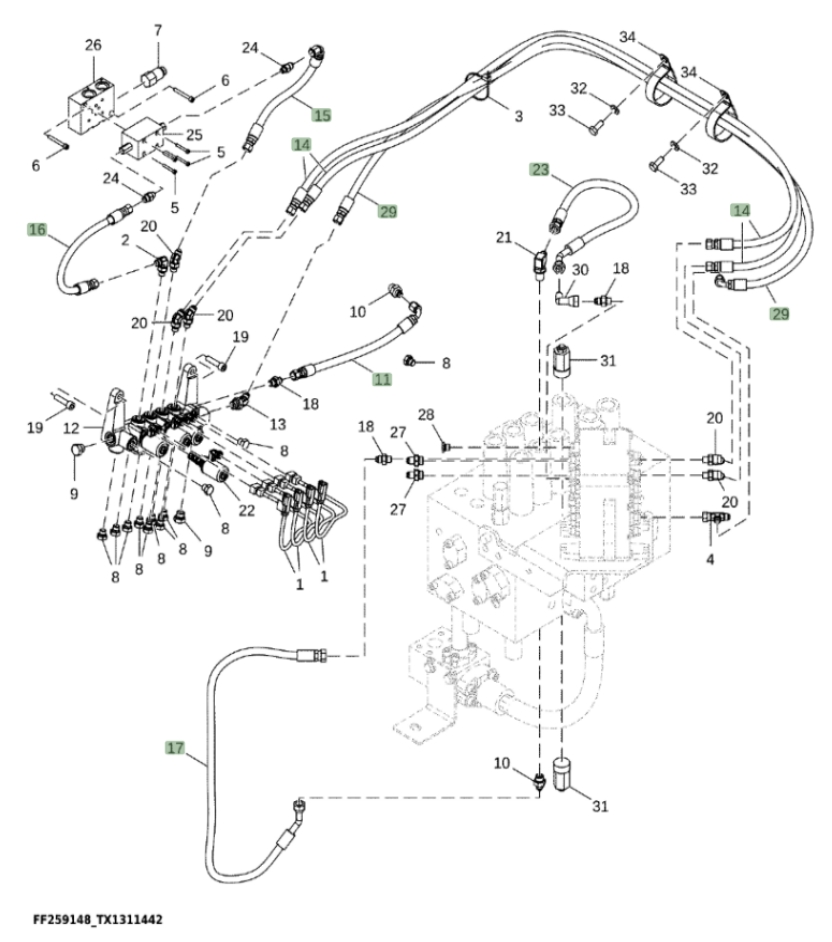 Hitachi ZX210FLC-LL-6N installation diagram showing hydraulic hose 4269832 at Pipe No. 16