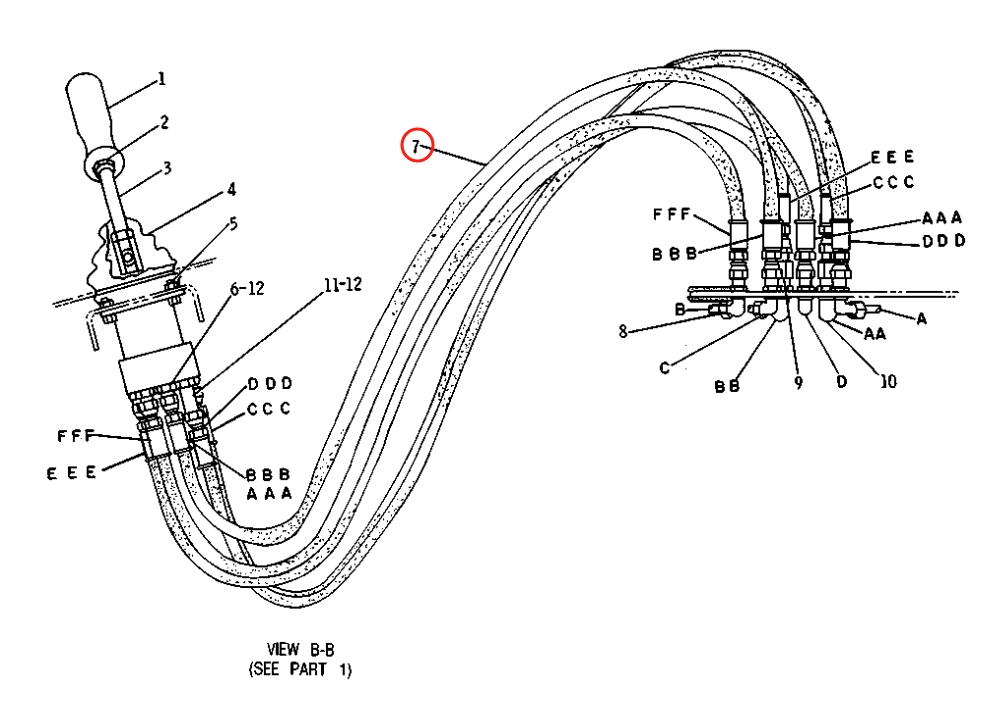 Caterpillar CAT®219D installation diagram showing hydraulic hose 8R-0944 at Pipe No. 7