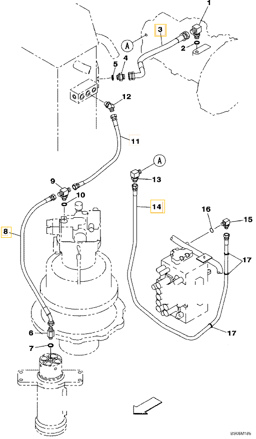 Case CX290B installation diagram showing hydraulic hose KHJ14830 at Pipe No. 14