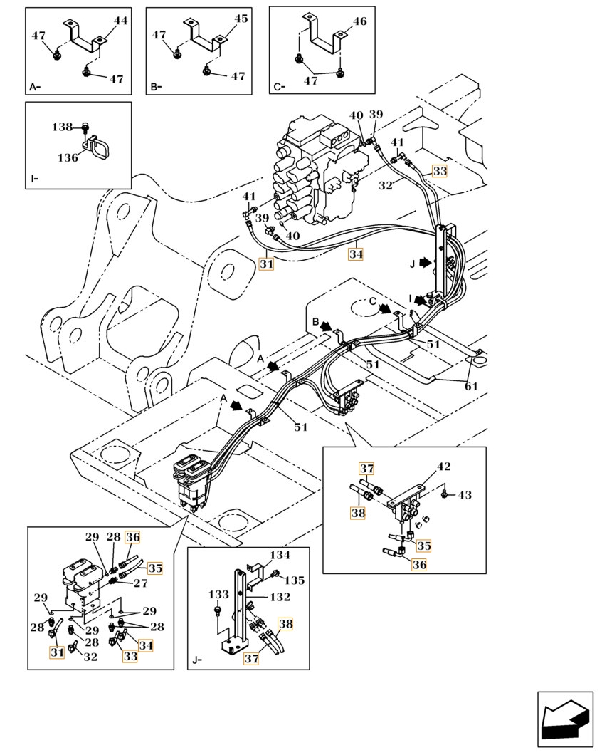 Case CX160C installation diagram showing hydraulic hose KHJ2092 at Pipe No. 35