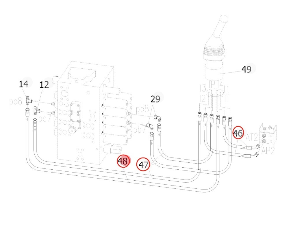 Sunward SWE210 installation diagram showing hydraulic hose 730501001405 at Pipe No. 47