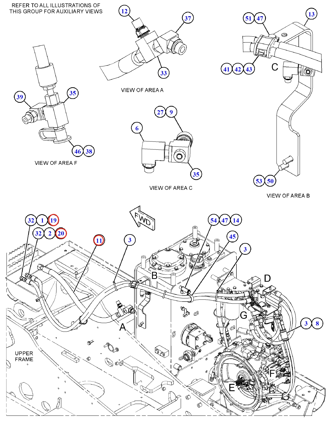 Caterpillar CAT®312E L installation diagram showing hydraulic hose 462-5211 at Pipe No. 19