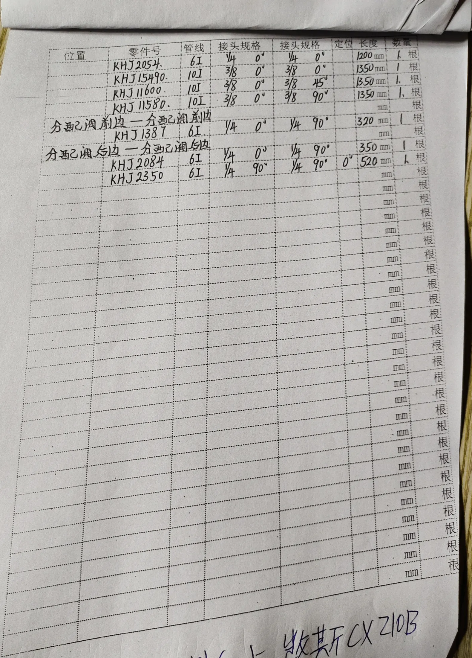 凯斯 CX210B hydraulic hose part numbers and recorded lengths — technician notebook page 5 of 5