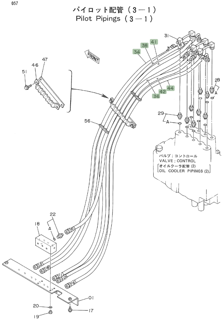 Hitachi EX160WD installation diagram showing hydraulic hose 4213884 at Pipe No. 34