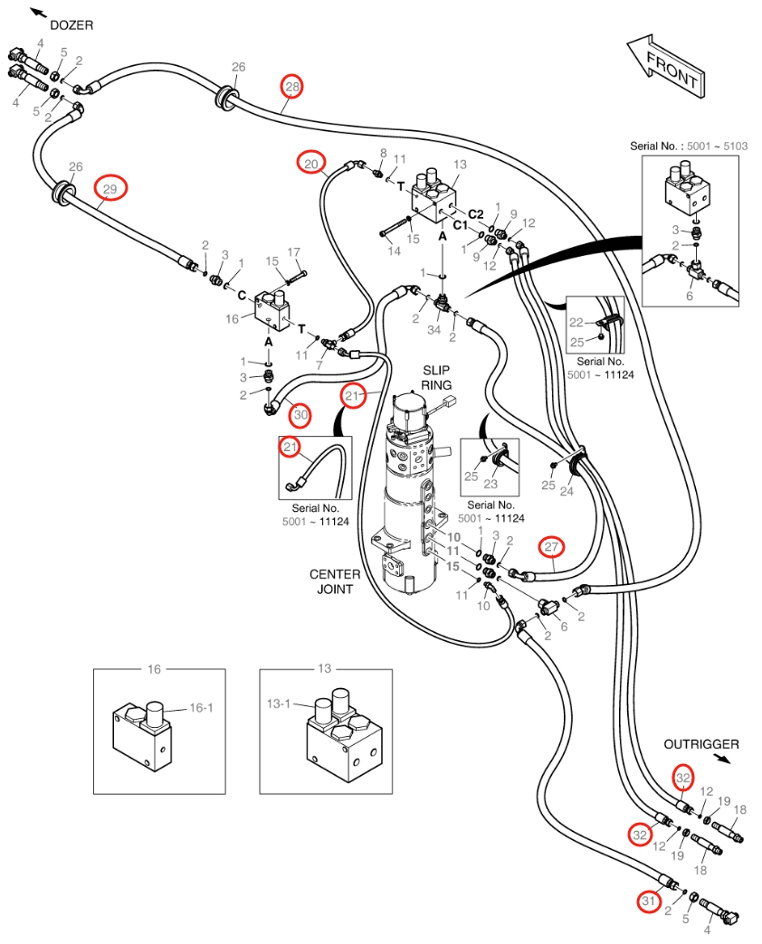 Doosan DX140W installation diagram showing hydraulic hose DS2093013 at Pipe No. 20
