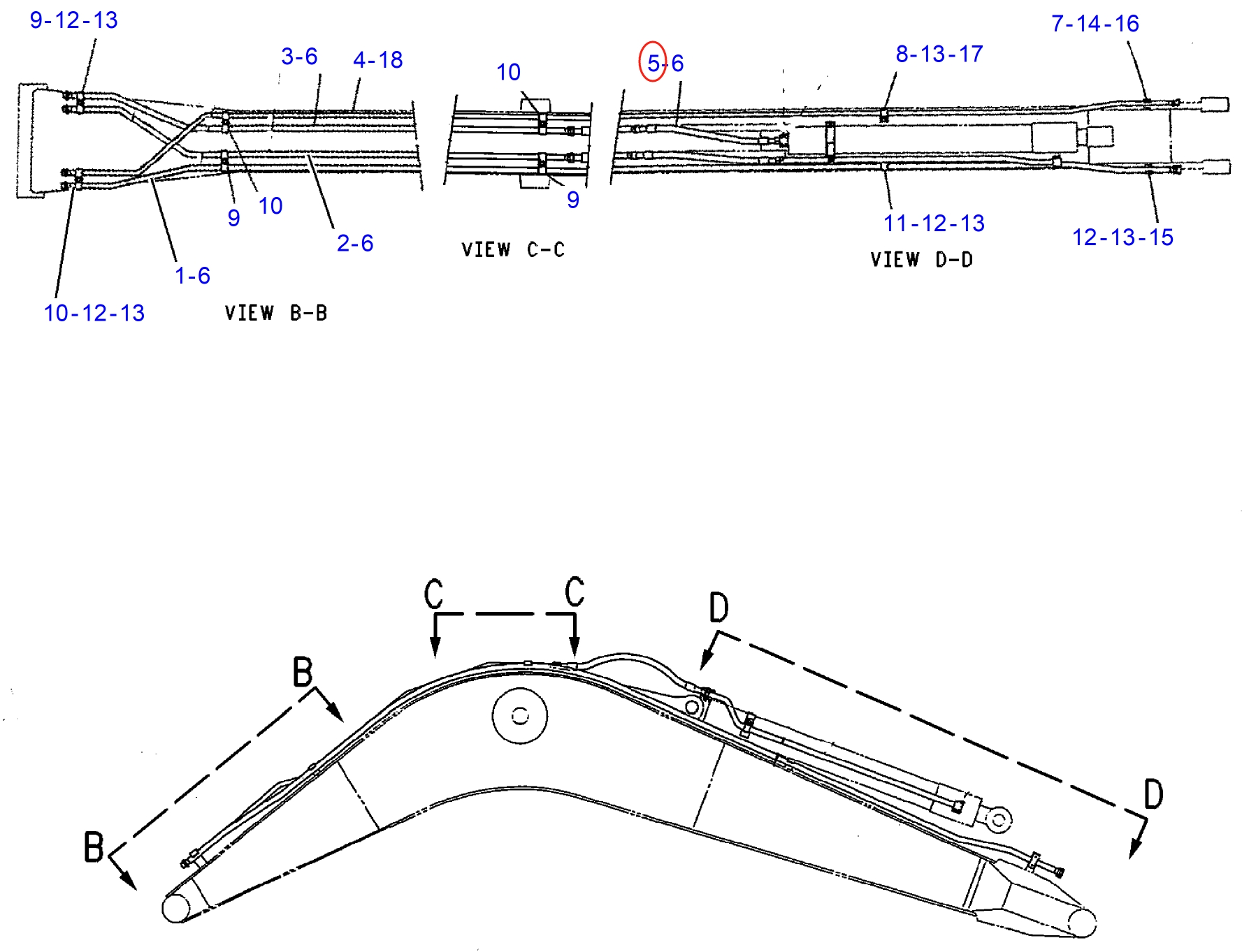 Caterpillar CAT®312B L installation diagram showing hydraulic hose 4I-1095 at Pipe No. 5