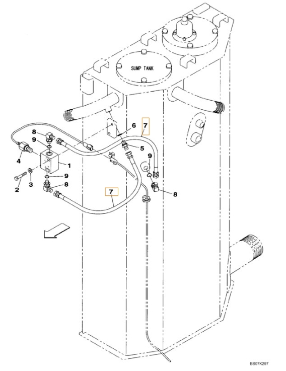 Case CX225SR installation diagram showing hydraulic hose KHJ2044 at Pipe No. 7