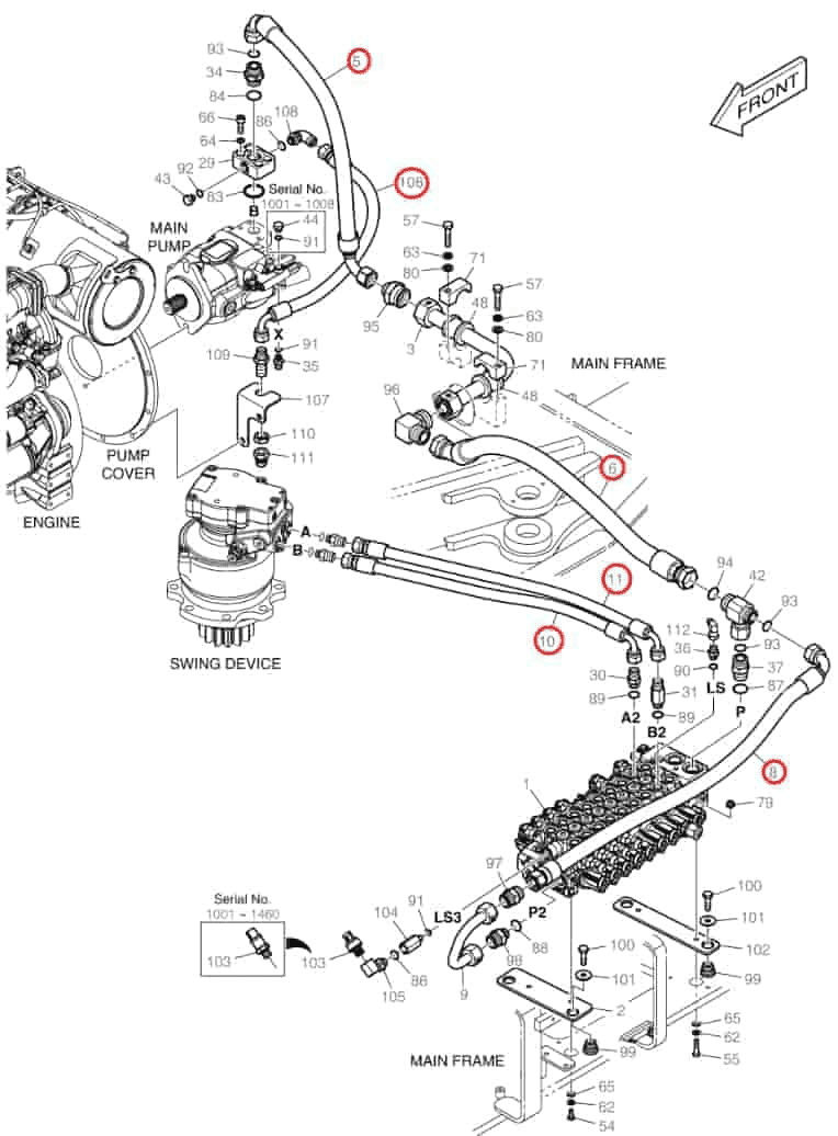 Doosan DX63-3 installation diagram showing hydraulic hose DS20121201 at Pipe No. 6