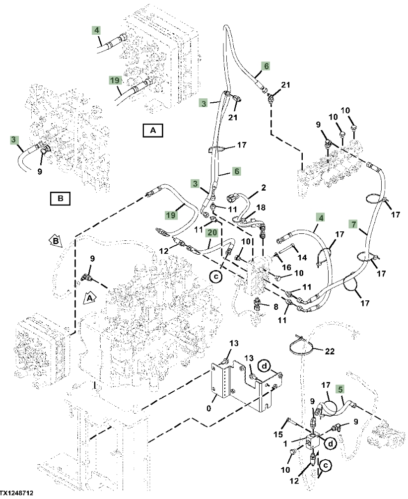 Hitachi ZX345USLC-6N installation diagram showing hydraulic hose 4656809 at Pipe No. 5