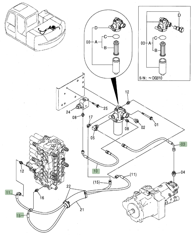 Hitachi ZX80 installation diagram showing hydraulic hose 4450099 at Pipe No. 11