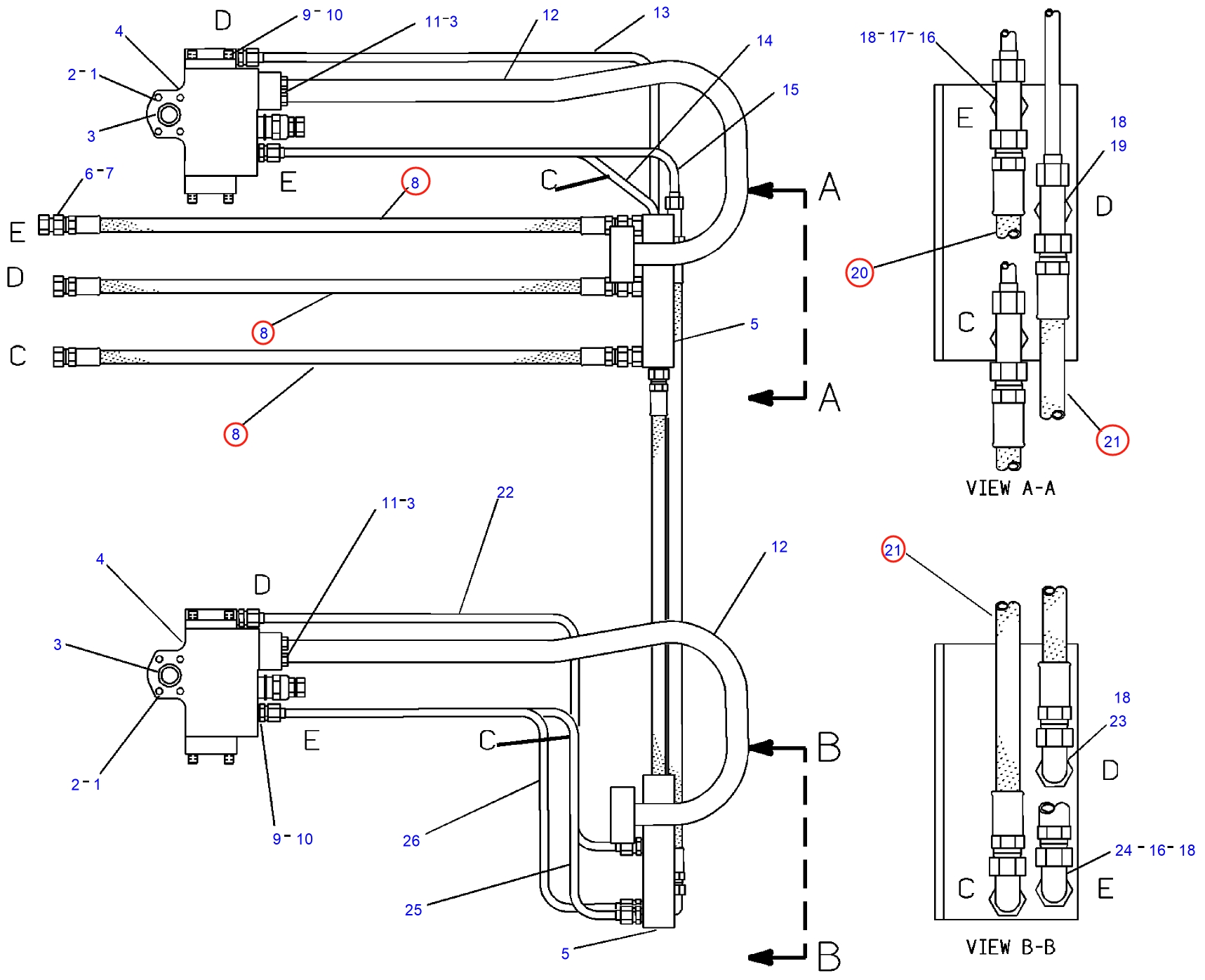 Caterpillar CAT®245 installation diagram showing hydraulic hose 8V-8124 at Pipe No. 21