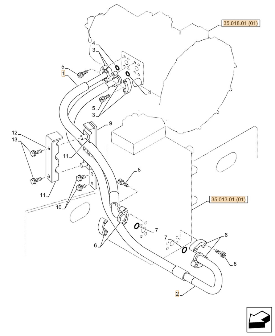 Case CX210C LC installation diagram showing hydraulic hose KRJ16320 at Pipe No. 1