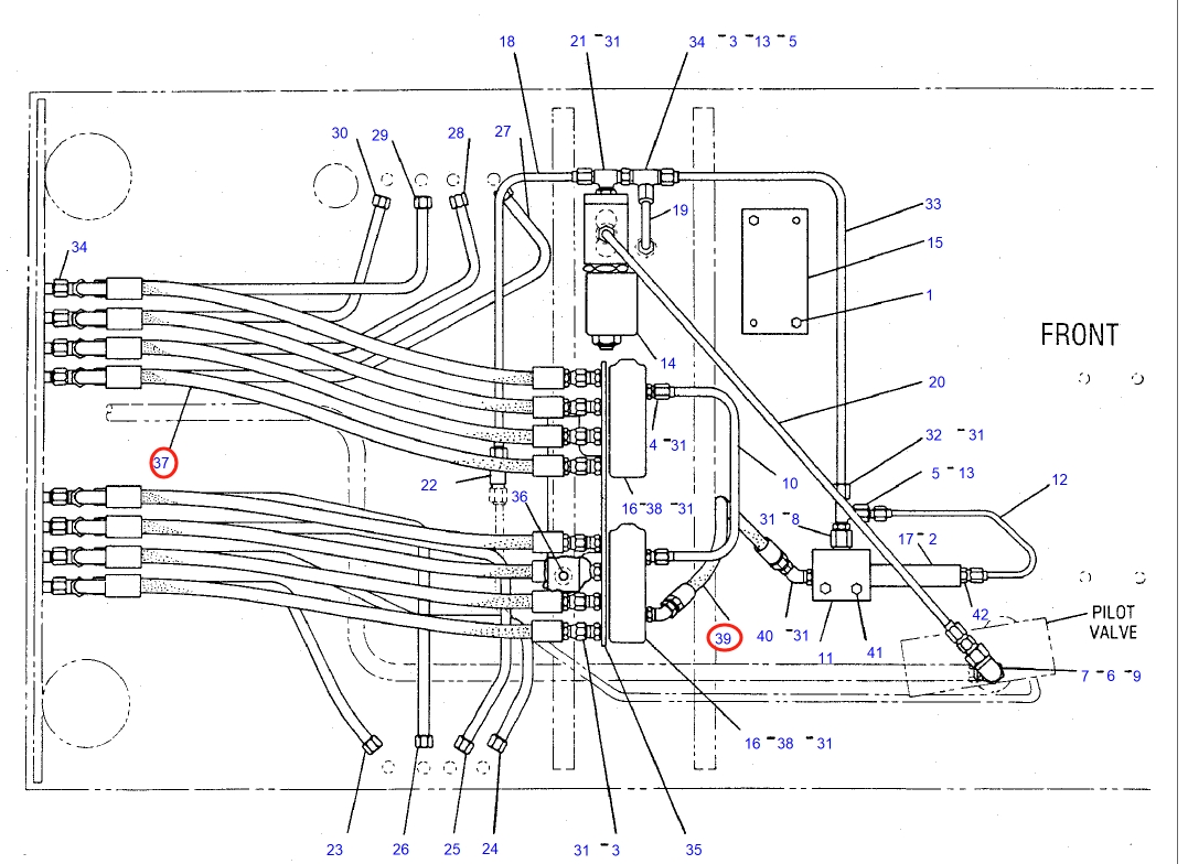 Caterpillar CAT®225B installation diagram showing hydraulic hose 7V-1038 at Pipe No. 39