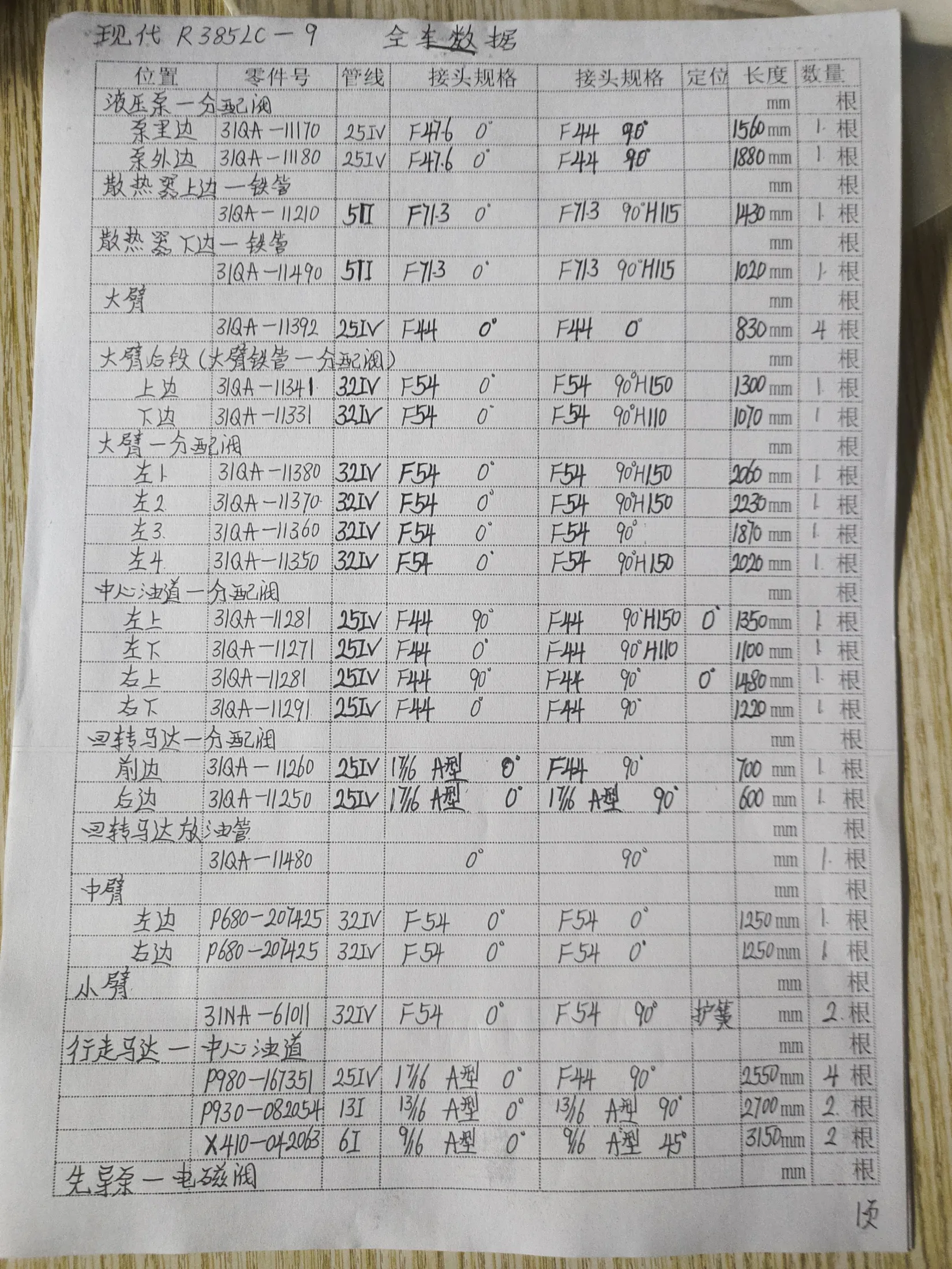 Hyundai R385LC-9 hydraulic hose part numbers and recorded lengths — technician notebook image 4 of 5