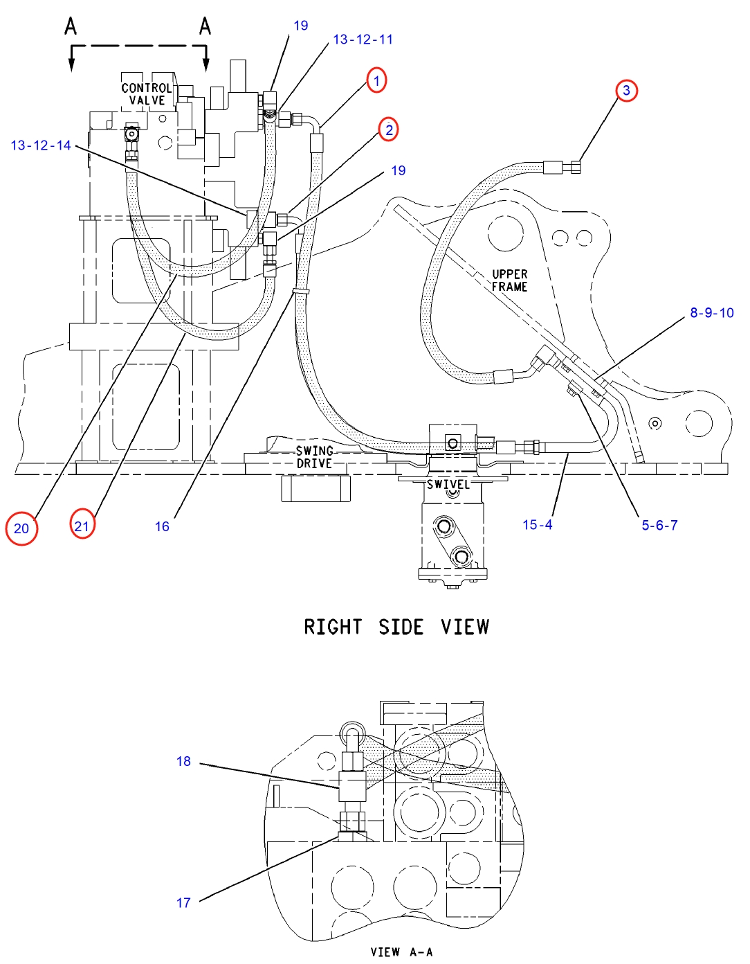 Caterpillar CAT®312C L installation diagram showing hydraulic hose 4I-5997 at Pipe No. 20